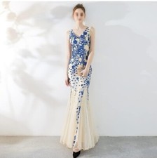 Blue, Floral, Tank, V Neck, Tulle, Contrast Sequined Mermaid Gown