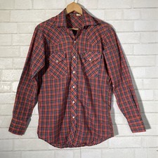 Vintage Western Style Mens Cowboy Button Front Shirt Red Plaid Small Pearl Snap