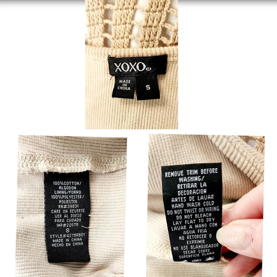 Vestido de ganchillo para mujer XOXO sin mangas beige negro hasta la rodilla talla pequeña Foto 2 de 4