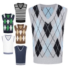 Mens Sweater Hang Out Pullover Argyle Vest Office Streetwear Sleeveless Tops