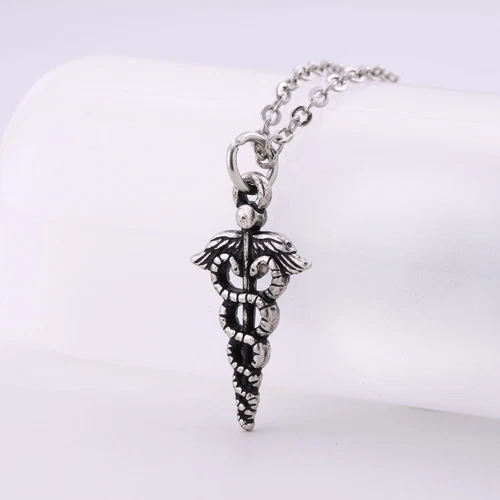 HERMÈS Collana Ciondolo Doppio Serpente Medicina Simbolo Caduceo Insegna Medica per Medici