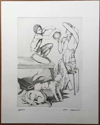 Original Copper Engraving: Two Figures, Dogs & Sphere, Signed