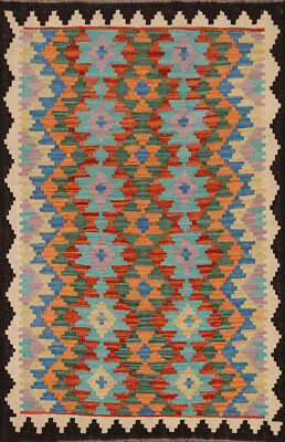 Colorful Kilim Rugs Rectangle Flatweave Pile Wool Kelim Carpets 3x5 ft