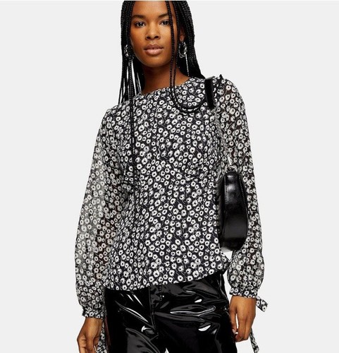 Blusa para mujer Topshop talla 6 blanca y negra con estampado floral manga corbata espalda abierta - Imagen 2 de 10