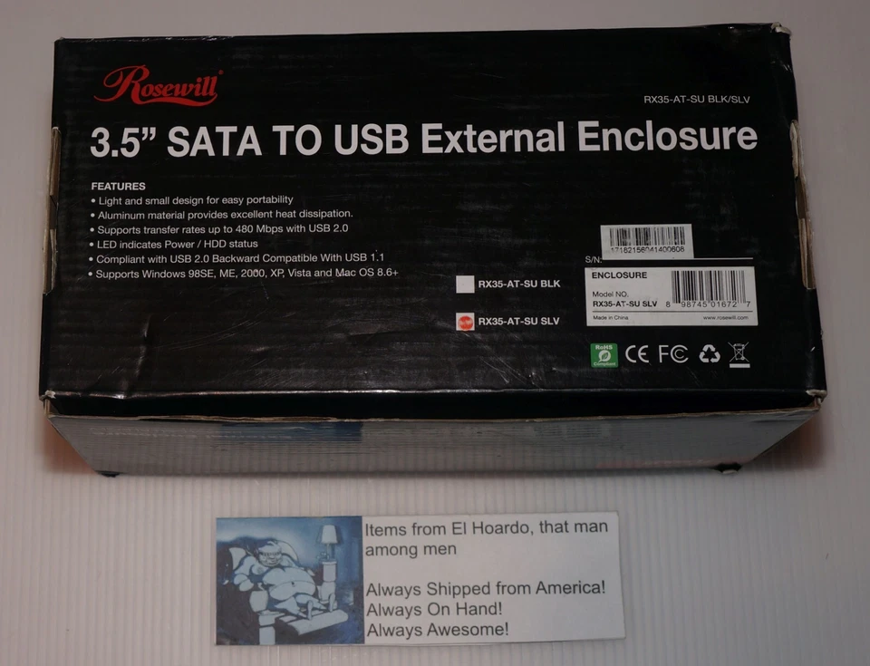 Rosewill  3.5 SATA TO USB External Enclosure.  RX35-AT-SU BLK/SLV With 500gb HDD - Image 2 of 4
