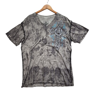 Affliction Burnout T Shirt Gray Live Fast Cross Wings Grunge Graphic Biker 2XL