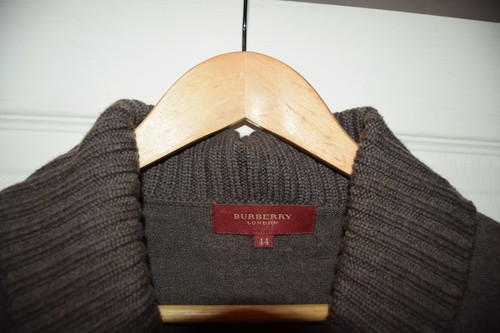 Burberry Pure Merino Wool Jumper Shawl Collar Leather Toggle 12 14 Brown VGC - Picture 5 of 14