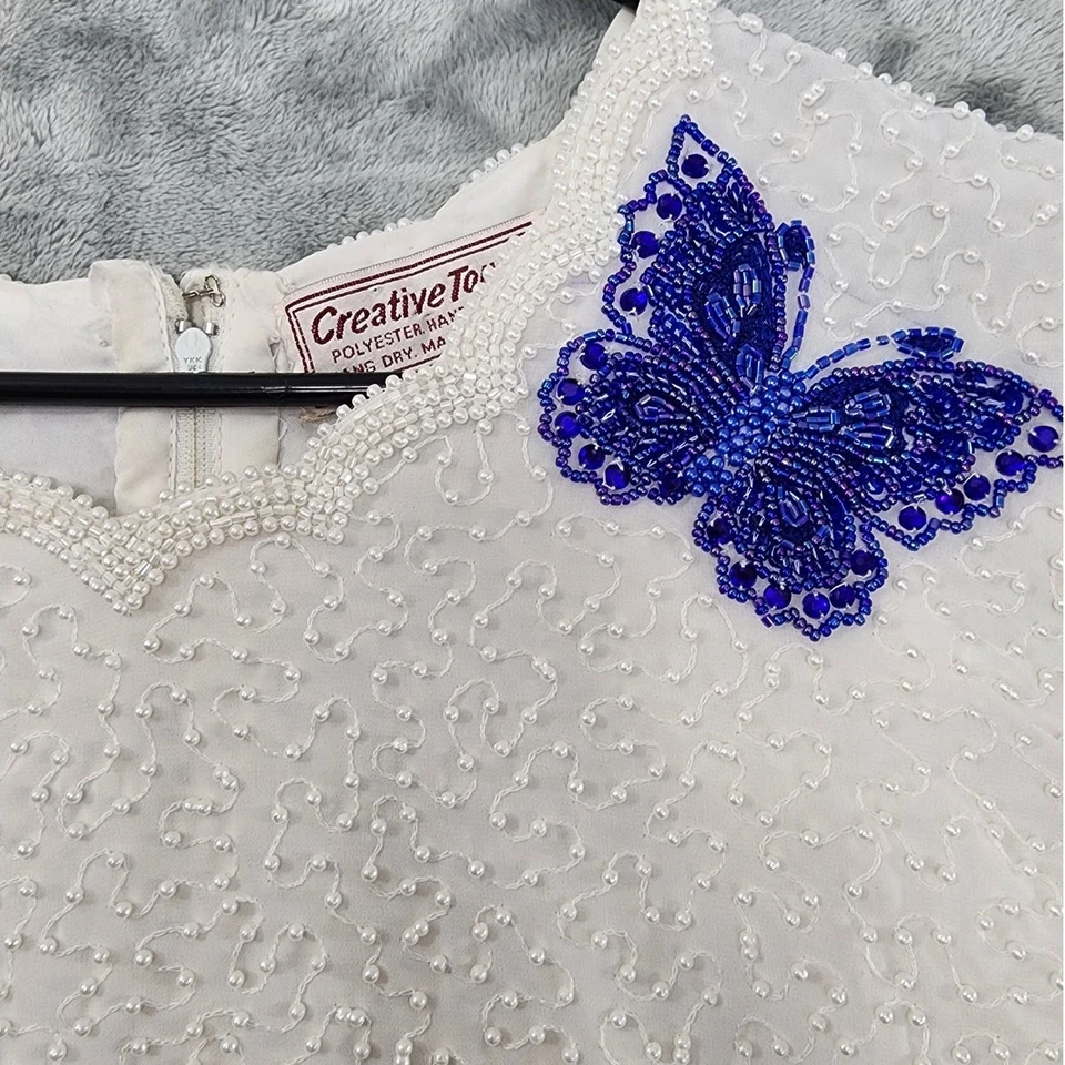 Top vintage anni 80 creativo touch donna L bianco blu perline farfalla smerlato - Immagine 4 di 4