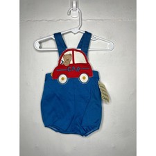 NEW Vintage Carters Teddy Bear in Car Blue Overalls Shortalls Romper Size 18 Mo