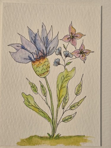 ACEO Original Whimsical wildflowers Watercolor Ink Art Miniature 2.5 x 3.5