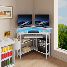 🌟Triangle Corner Computer Desk with Keyboard Tray, LED Lights & Power Outlets🌟