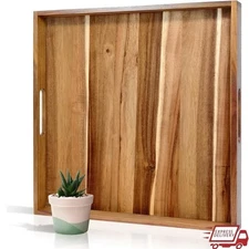 Square Acacia Wood Tray 22 Inch Serving Tray W/ Handles Living Room Kitchen New
