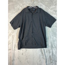 Van Heusen Studio Mens XL Short Sleeve Button Down Shirt Black Blue Grid Pattern