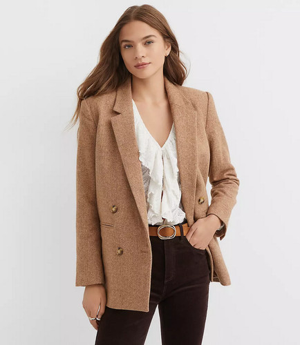 NEW ANN TAYLOR LOFT $160 CAMEL WOOL BLEND HERRINGBONE RELAXED BLAZER SZ L LARGE