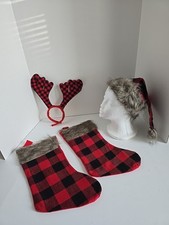 Lot Of 4 Buffalo Red Plaid Santa Hat- Stockings  Antler Headband For Kids