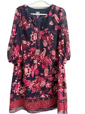Vince Camuto Womens Size 12 Shift Dress Navy Blue Pink Balloon Sleeve Chiffon