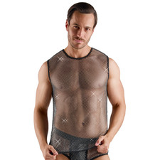 Smanicato Rete e Strass Maglia uomo Sexy Abbigliamento Fetish Trasparente Nero