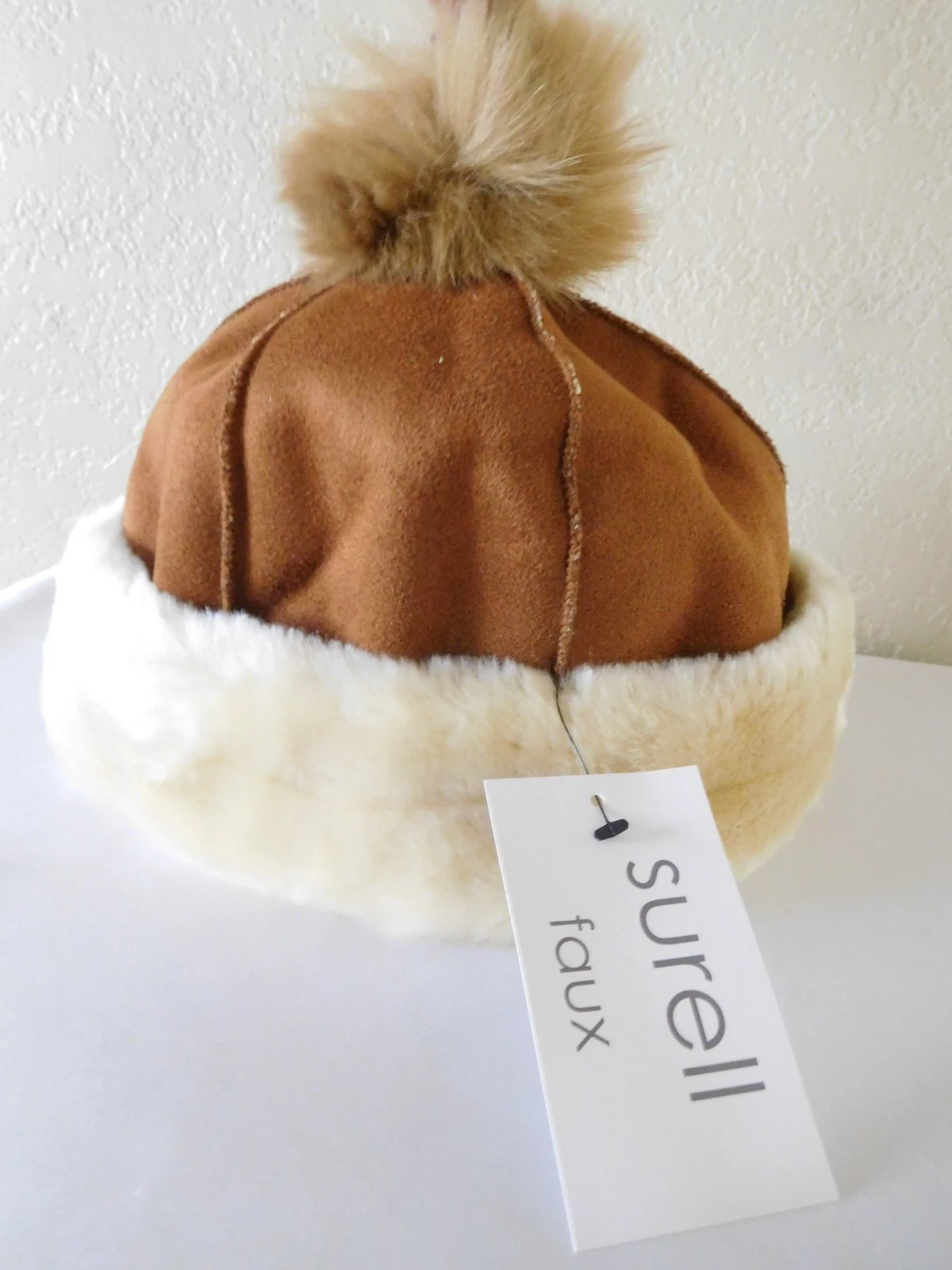 New Surell Women's Chestnut/Ivory Faux Sheepskin Fur Trim Hat with Pom ~OS