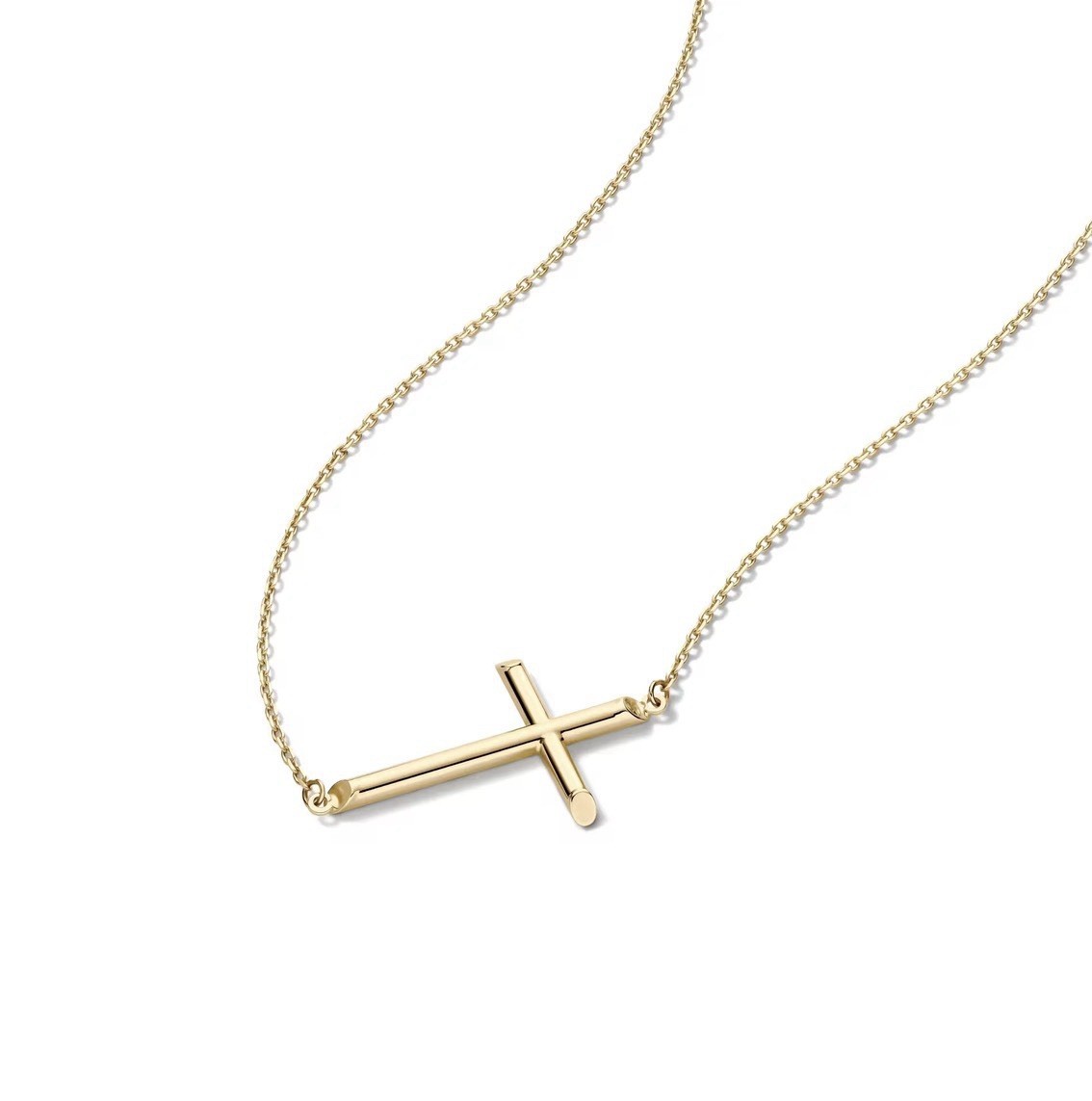 14K Solid Yellow Gold Sideways Cross Pendant Rolo Chain Necklace Set Charm Women