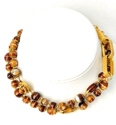 Large Vintage Signed MIRIAM HASKELL Gold tone Amber Colored Glass Beads Necklace