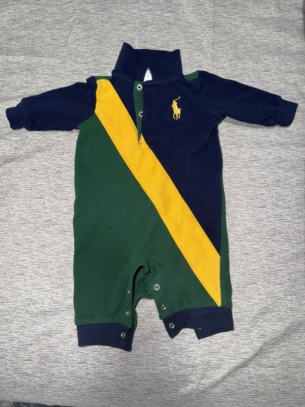 Ralph Lauren Colorblock Cotton Collared Coverall One-Piece Navy Green Yellow 3M