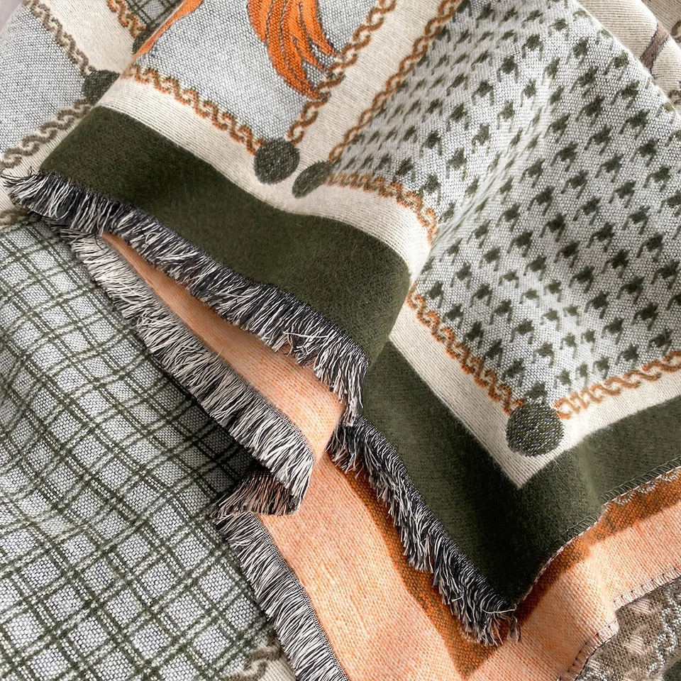 Негабаритный Конный Лошадь Лоскутный Шарф Шаль Обертка Бахрома Осень Зима - Изображение 4 из 4