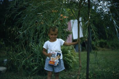 Kodak 35mm Slide 1950s Red Border Kodachrome Boy Holding Box of Rice Krispies 
