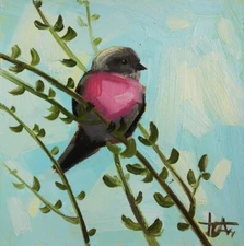 Original Oil Painting Pink Bird 5"x5" Impressionism
