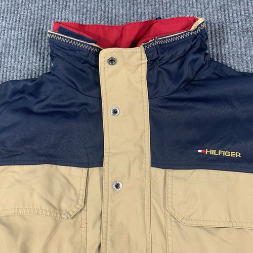 VTG Tommy Hilfiger Jacket Mens L Beige Full Zip Pockets Hooded Fleece Lined Y2K - Picture 2 of 18