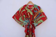 Indian Red Long Bird Print Cotton Hippie Maxi Women Nightwear Caftan Dress