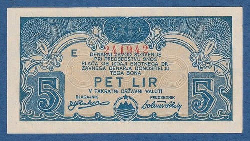 YUGOSLAVIA -- MONETARY BANK OF SLOVENIA - 5 LIR (20.2.1944) -- UNC -- PICK S114 - Photo 1/2