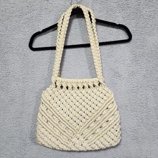 Vintage 1970s Macrame Womens Purse Bag Cream Boho Lined Pockets