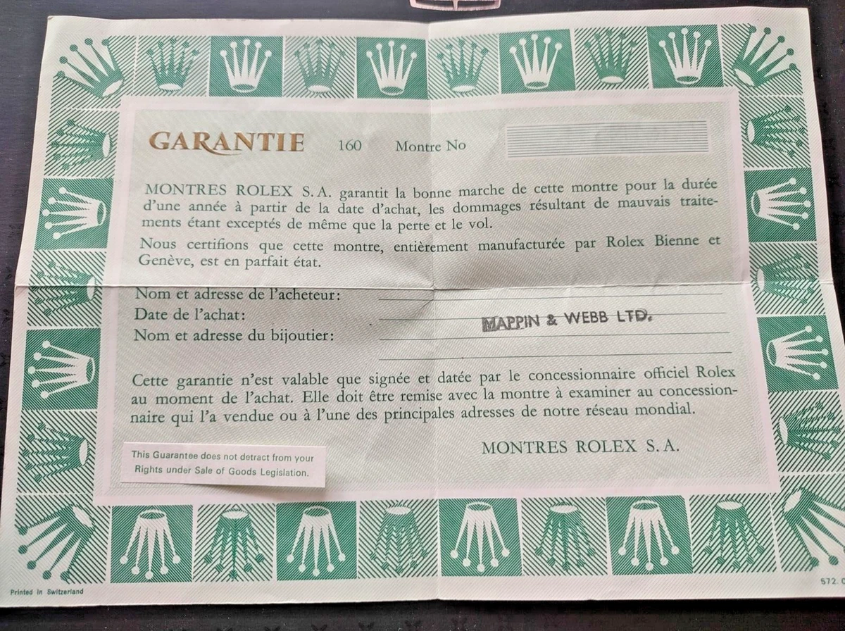 Rolex Blank 70 s Warranty Paper Unfilled guarantee ref 572.02.100 DOCUMENT