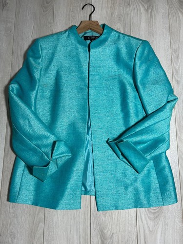 Kasper Blue Shimmer Collarless Jacket And Vest Set Sz 14 - Picture 6 of 12