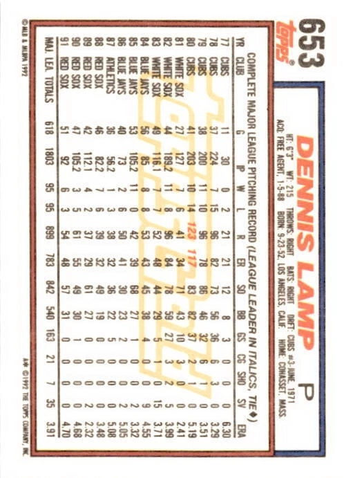 1992 Topps Micro #653 Dennis Lamp Boston Red Sox - Image 2 of 2