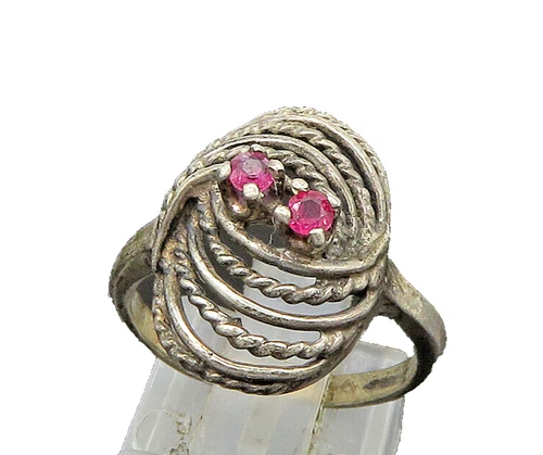 925 Silver  Vintage Victorian Ruby 2 Stone Twist Band Ring Sz 6.5  RG23859