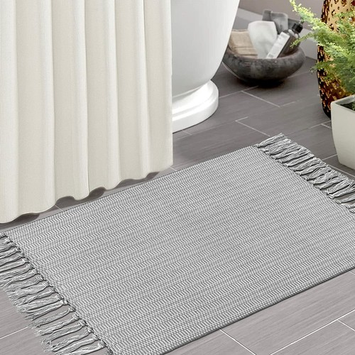Boho Bathroom Rugs 2x3 Grey Farmhouse Rug with Tassels Woven Washable