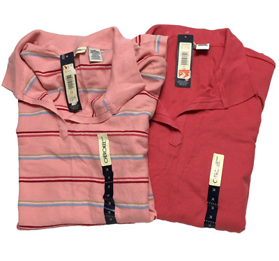 Women's Polo Shirt Size 3X 2 Pc Lot Pullover Knit Solid Coral & Striped Pink