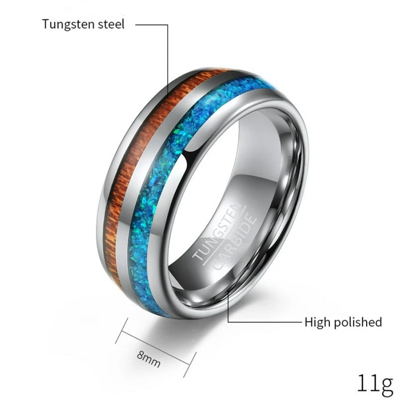 Anillo de patrón de madera para hombre concha/banda de ópalo azul color carburo de tungsteno talla 7-12 Foto 4 de 4