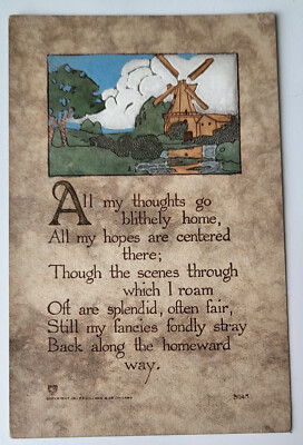 VTG 1911 VOLLAND ARTS & CRAFTS PC THOUGHTS & HOPES CENTERED AROUND HOME WINDMILL