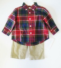 Ralph Lauren Baby Boys Plaid Shirt  Belted Chino Set Red Multi Sz 3M - NWT