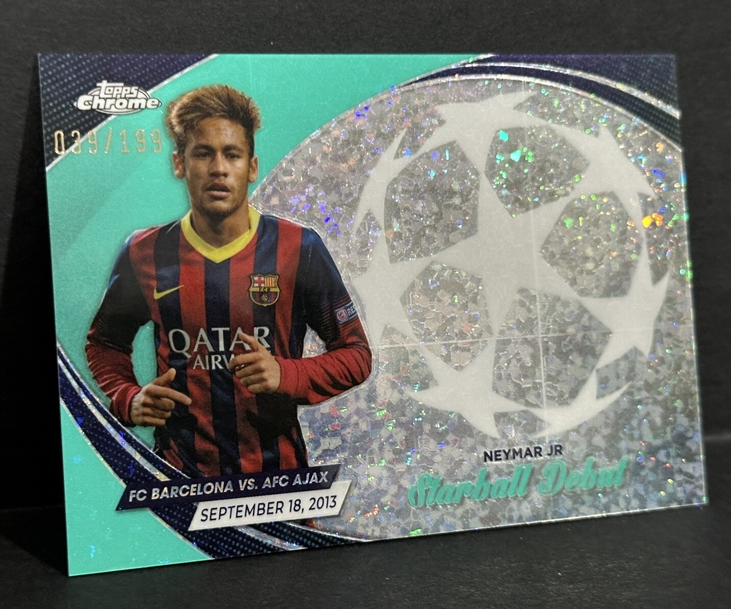 2023-24 Topps Chrome UEFA CC Barcelona Neymar Jr. Starball Debut Aqua /199 view 2