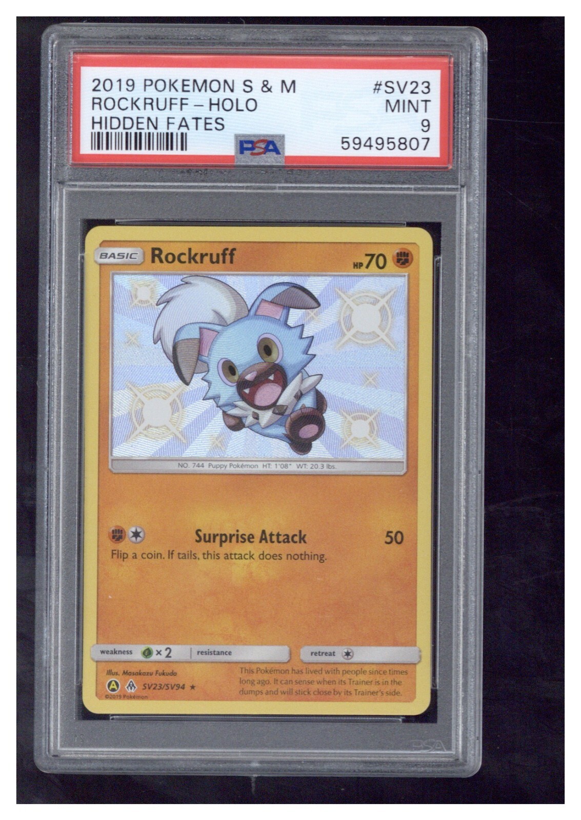 2019 Pokemon Sun & Moon Hidden Fates SV23 Rockruff-Holo PSA 9