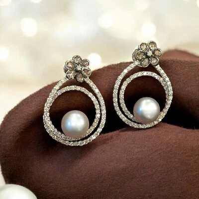 Umwerfend 4,50 Cts Runde Brillantschliff Diamanten Perle Ohrstecker 14K Weißgold - Bild 1 von 4