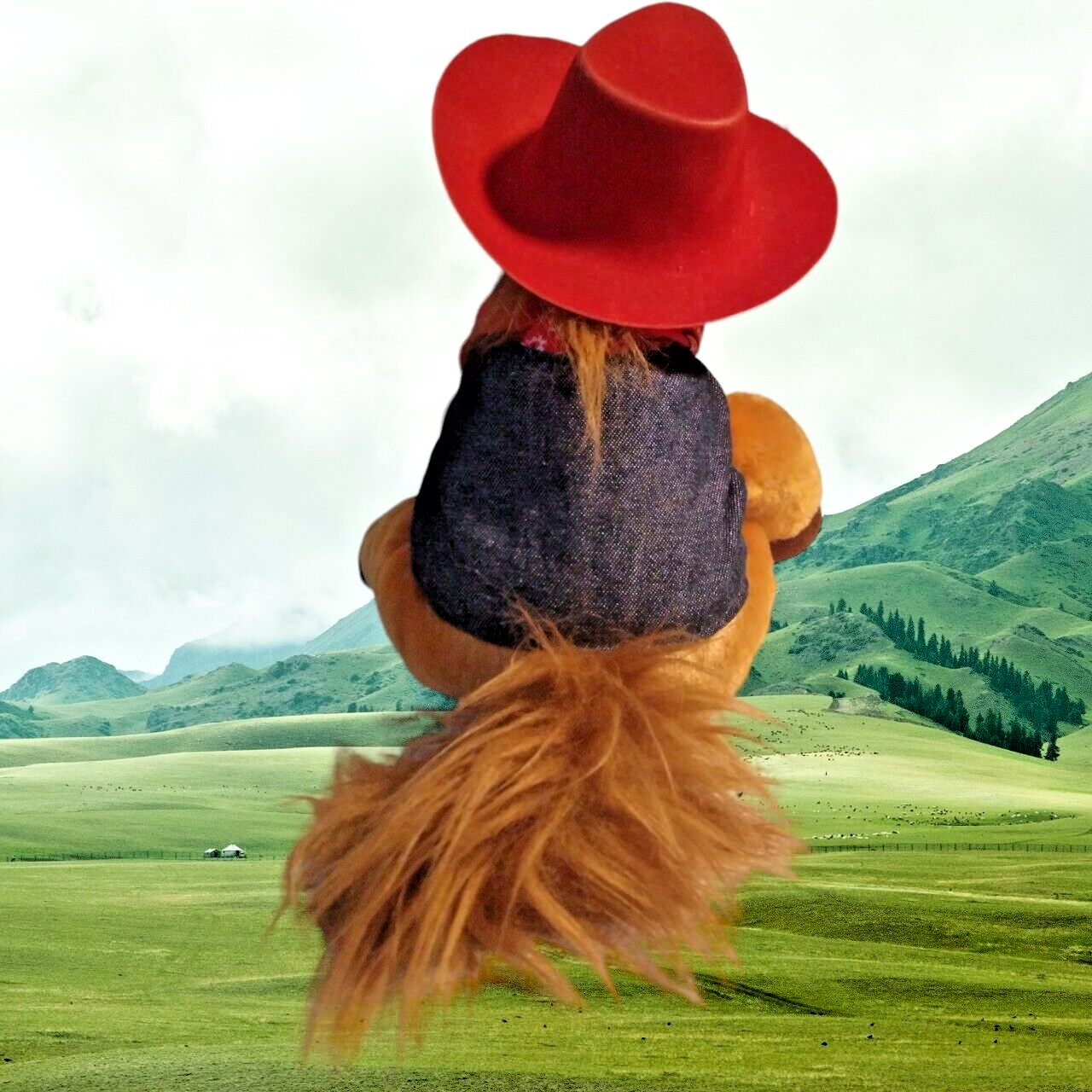 Cappello da cowboy Aurora Western Pony Horse rosso blu denim gilet bandana rossa 8" peluche