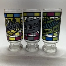 Vtg 70s 3 Anchor Hocking Stained Glasses Beer Falstaff Miller Black Label