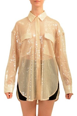 Hugo Boss Women's C_Ballets'' Beige See Through Long Sleeve Blouse Top US 4 IT 40