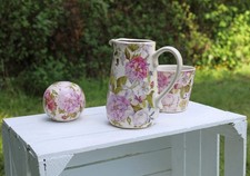 Krug Deko Vase Kanne Landhaus Shabby Keramik Blumen Frühling Sommer Pfingstrosen