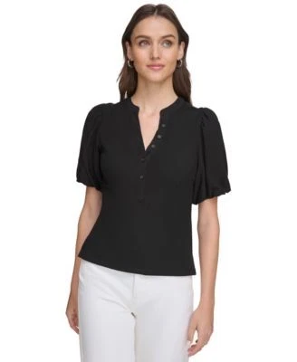 DKNY Womens Puff-Sleeve Ribbed Hen Flame S 755404190412 S RT $79.0