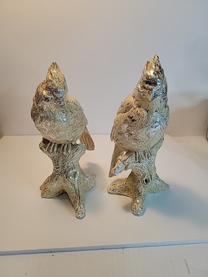 Painted Plaster Cardinal Birds Figures Silver White Christmas Decor